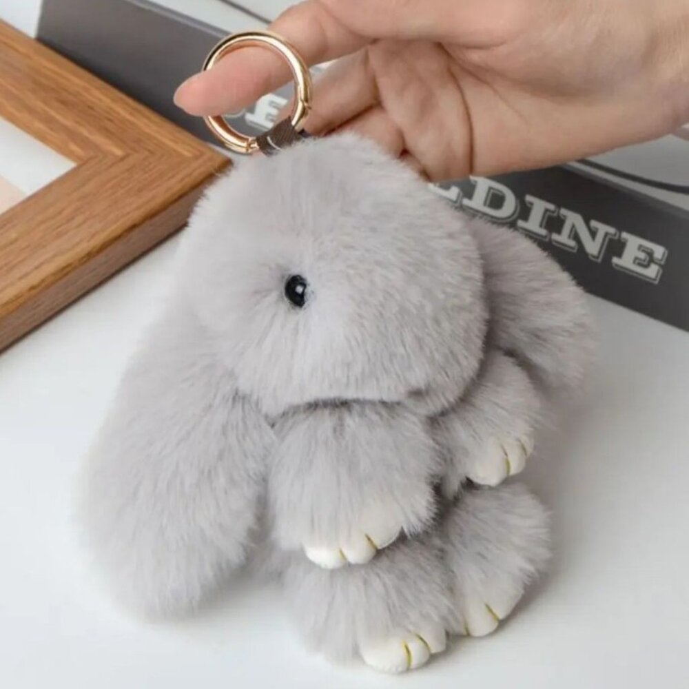 Light Gray Bunny Plush Keychain – Soft Furry Bag Charm